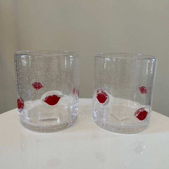 RED LIP Double Old Fashioned Glasses 14oz Set of 2 New - Picture 7 of 9